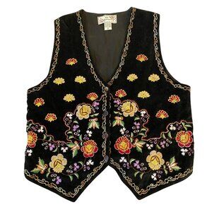 New Directions Vest Embroidered Black Velvet Artisanal Floral Design Medium